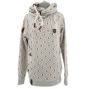 Naketano Anchors Hoodie Cream Oatmeal Nautical Chunky Cowl Neck Cozy Warm Size L